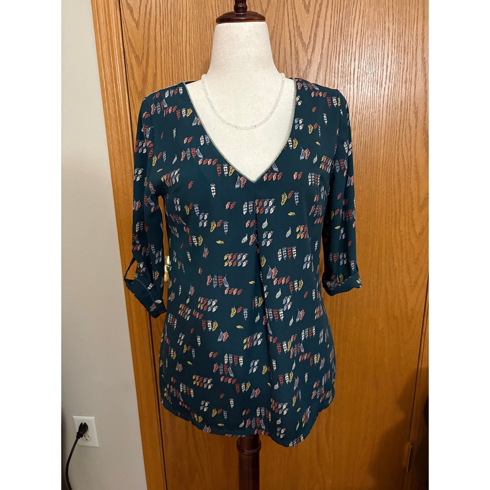 Mamouchka Paris Teal Feather Print V-Neck Blouse Roll Tab Sleeve Size 1